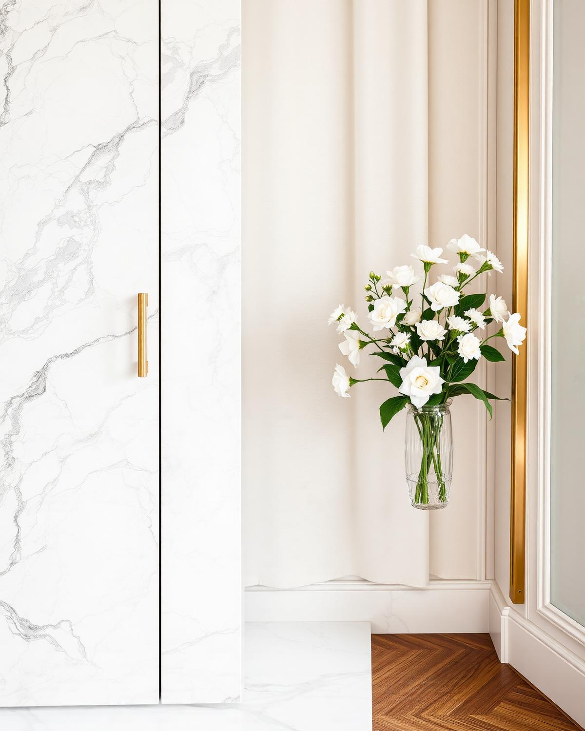 Marble detail, gilded crest and fresh white blooms