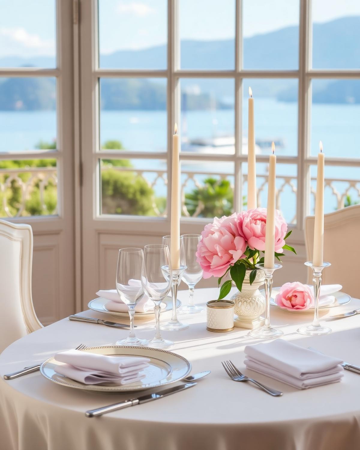 Set table with candelabras overlooking Lake Léman