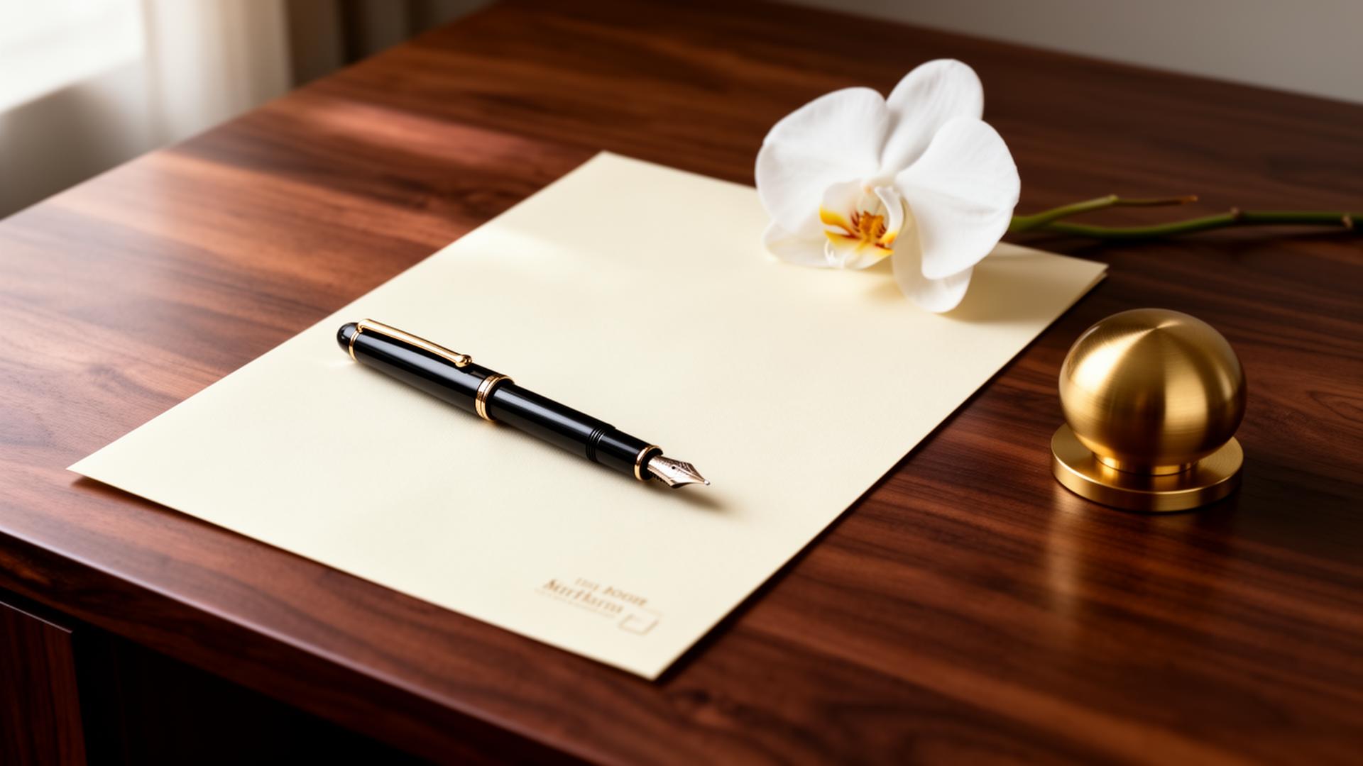 Fountain pen resting on cream stationery beside a white orchid