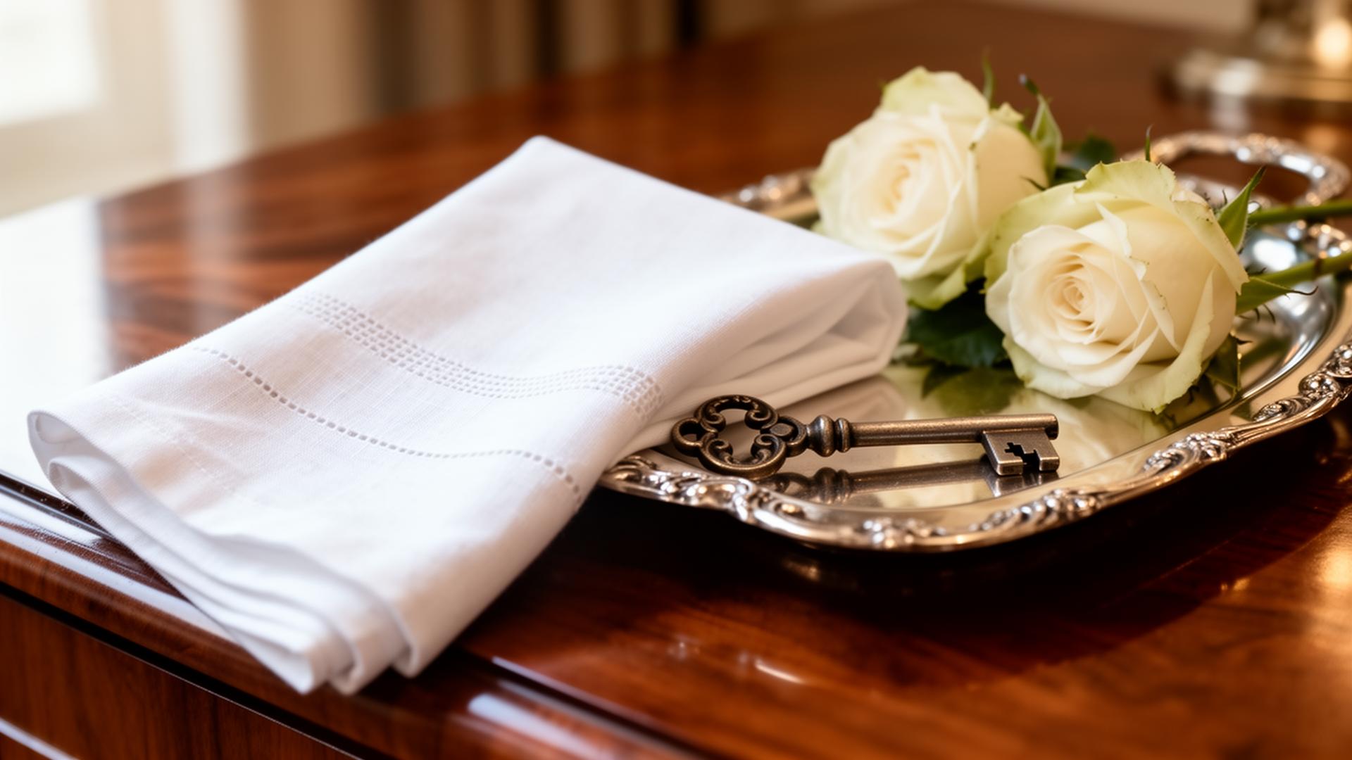 Tray of crisp linen, antique key and white roses